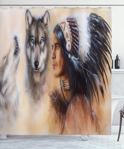 Native Man Feather Wolves Mystic Painting Shower Curtain, Cloth Bathroom Decor