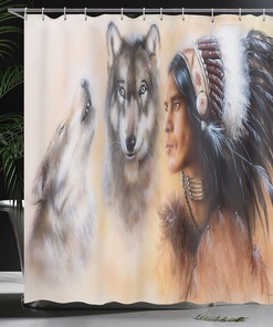 Native Man Feather Wolves Mystic Painting Shower Curtain, Cloth Bathroom Decor