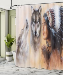 Native Man Feather Wolves Mystic Painting Shower Curtain, Cloth Bathroom Decor