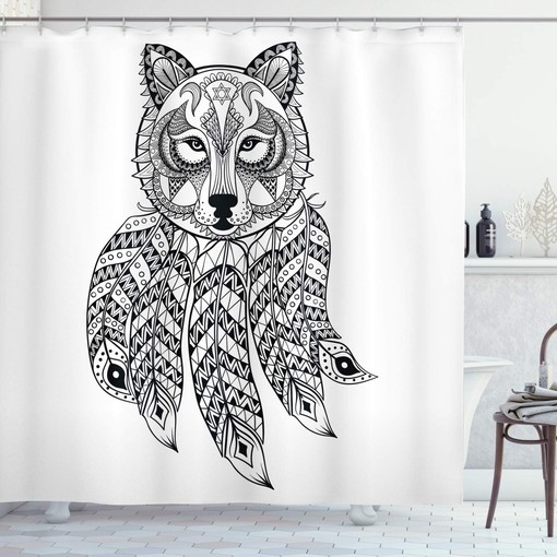 Native Wolf Shower Curtain, Ethnic Head with Feathers and Paisley Details Print, Bathroom Decor