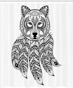 Native Wolf Shower Curtain, Ethnic Head with Feathers and Paisley Details Print, Bathroom Decor