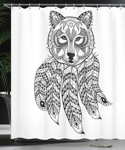 Native Wolf Shower Curtain, Ethnic Head with Feathers and Paisley Details Print, Bathroom Decor