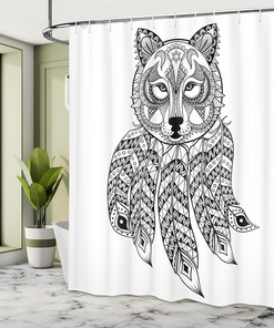 Native Wolf Shower Curtain, Ethnic Head with Feathers and Paisley Details Print, Bathroom Decor