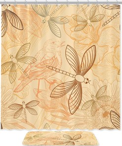 Natural Birds and Dragonfly Waterproof Shower Curtain for Bathroom Decoration
