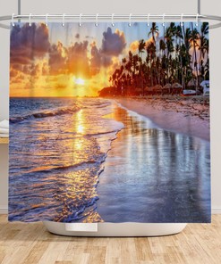 Natural Coconut Tree Sunset Ocean Waves Shower Curtain for Bathroom Decor