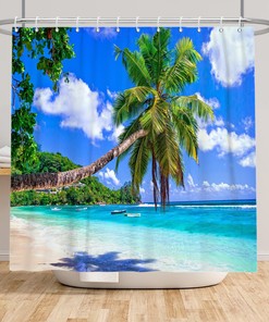 Natural Coconut Tree Sunset Ocean Waves Shower Curtain for Bathroom Decor