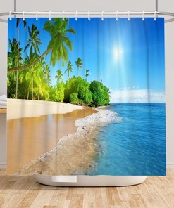 Natural Coconut Tree Sunset Ocean Waves Shower Curtain for Bathroom Decor