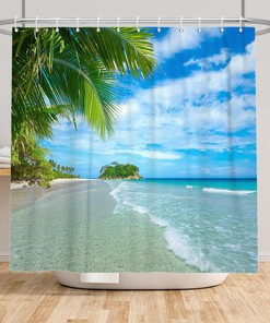 Natural Coconut Tree Sunset Ocean Waves Shower Curtain for Bathroom Decor