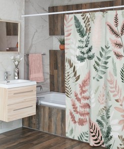 Natural Ferns Boho Shower Curtain - Ferns and Pastel Pink for Nature Lovers 