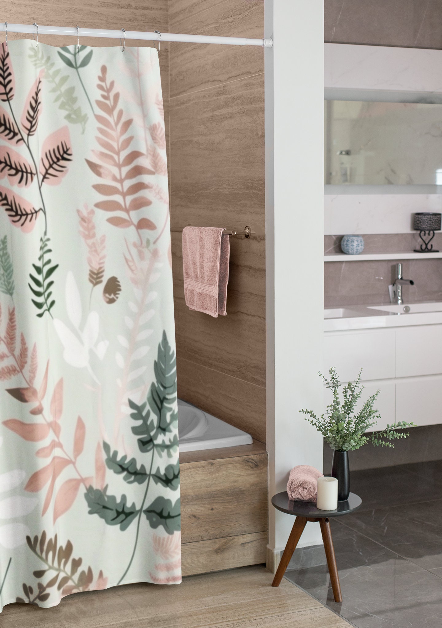 Natural Ferns Boho Shower Curtain Ferns and Pastel Pink for Nature Lovers Bluefink