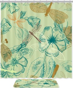 Natural Flowers and Dragonfly Waterproof Shower Curtain for Bathroom Decoration