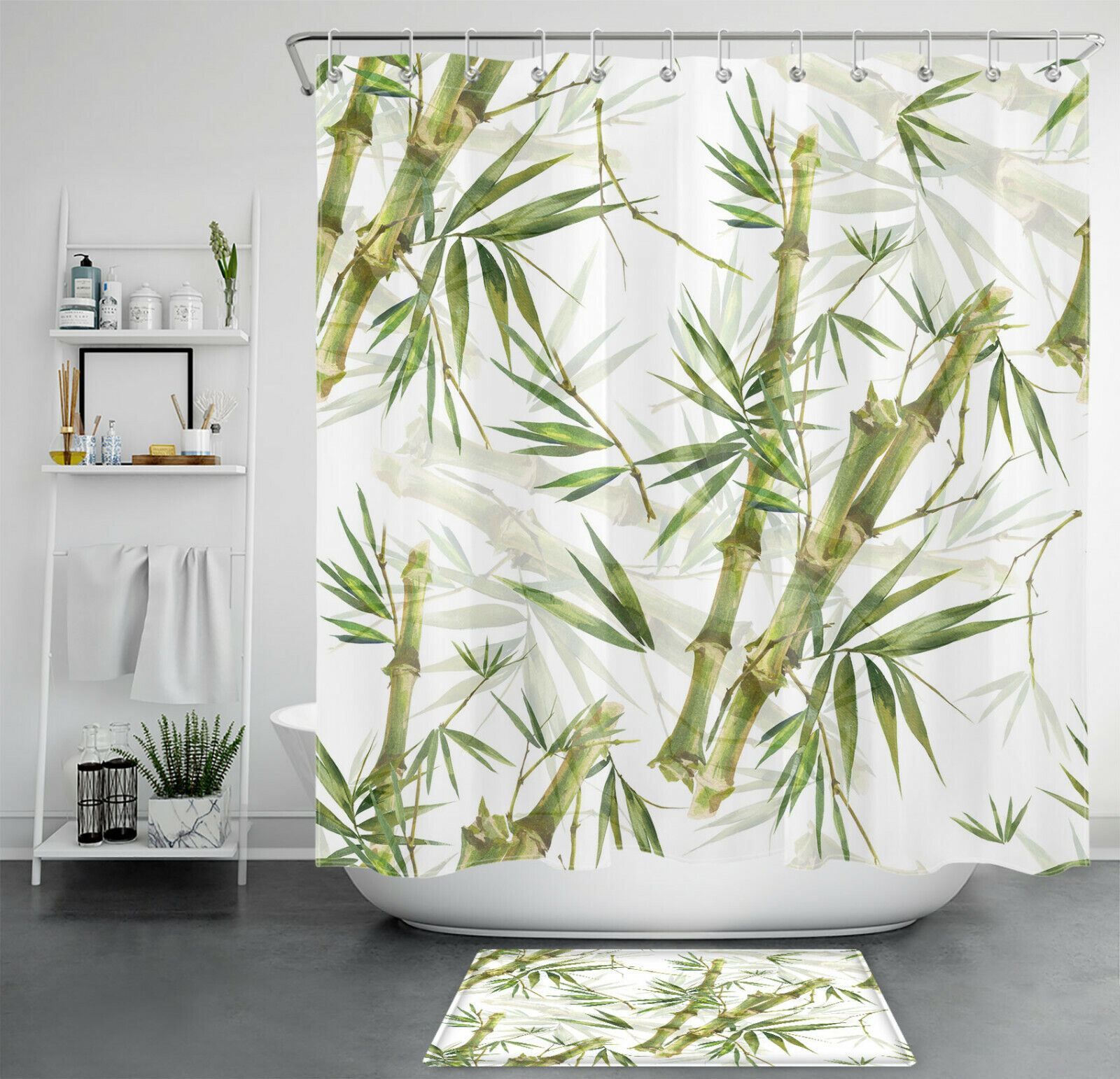 Natural Fresh Bamboo Abstract Green Leaf Plant Shower Curtain for Vintage Bathroom Decor