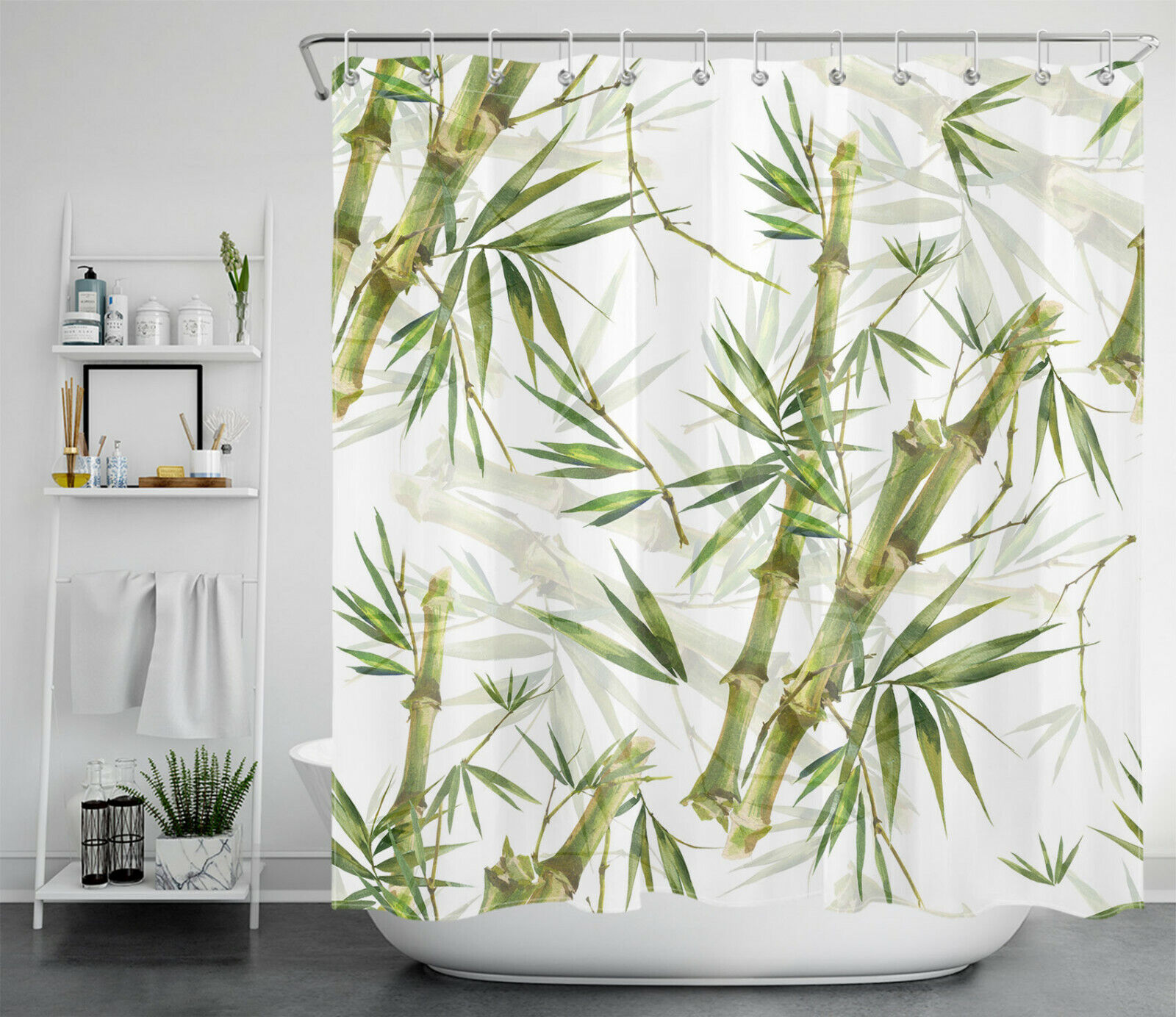 Natural Fresh Bamboo Abstract Green Leaf Plant Shower Curtain for Vintage Bathroom Decor