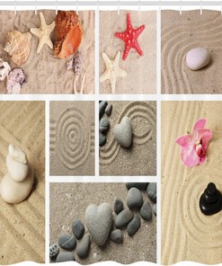 Natural Sandstone Nautical Ocean Shower Curtain, Collage of Seashells and Starfishes, Bathroom Decor