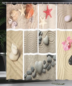 Natural Sandstone Nautical Ocean Shower Curtain, Collage of Seashells and Starfishes, Bathroom Decor 