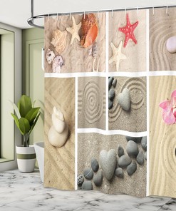 Natural Sandstone Nautical Ocean Shower Curtain, Collage of Seashells and Starfishes, Bathroom Decor 