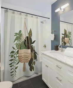 Natural Textured Boho Macrame Shower Curtain with Printed Tropical Plants - Minimalist Bathroom Design