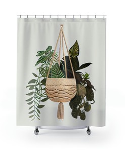 Natural Textured Boho Macrame Shower Curtain with Printed Tropical Plants - Minimalist Bathroom Design