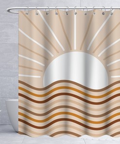 Nature Landscape Boho Mid-Century Shower Curtain with Mountain and Sunrise Sunset Abstract Pattern - Bathroom Curtain Decor 