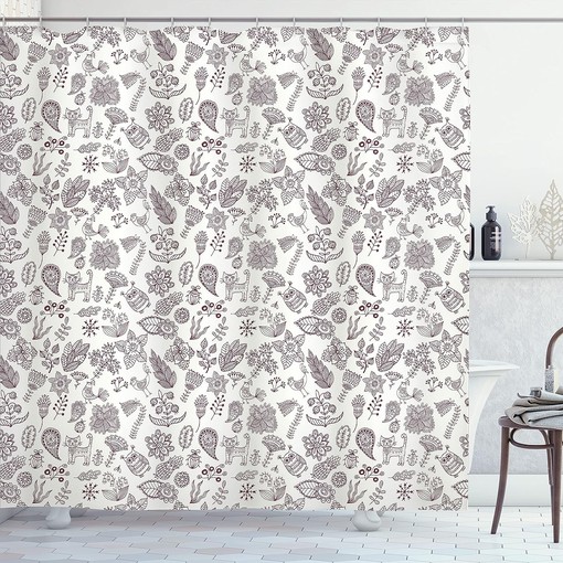 Nature Themed Doodle Art Playroom Shower Curtain with Animals Print Bathroom Decor