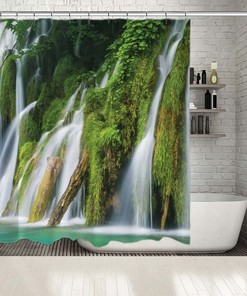 Nature View Waterfall Lake Trees Bathroom Shower Curtain - Waterproof Fabric