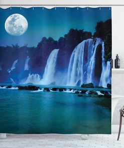 Nature View Waterfall Shower Curtain, Moonlit Waterfall Under Full Moon, Cloth Bathroom Decor, Turquoise Blue