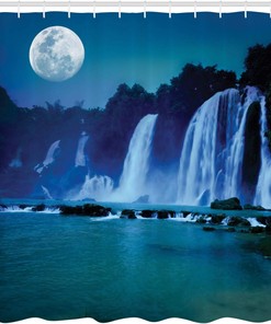 Nature View Waterfall Shower Curtain, Moonlit Waterfall Under Full Moon, Cloth Bathroom Decor, Turquoise Blue