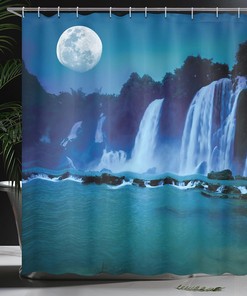 Nature View Waterfall Shower Curtain, Moonlit Waterfall Under Full Moon, Cloth Bathroom Decor, Turquoise Blue