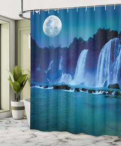 Nature View Waterfall Shower Curtain, Moonlit Waterfall Under Full Moon, Cloth Bathroom Decor, Turquoise Blue