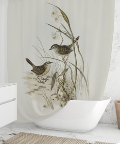 Nature-Inspired Birds Shower Curtain in Neutral Beige and Sage Green - New Home Design