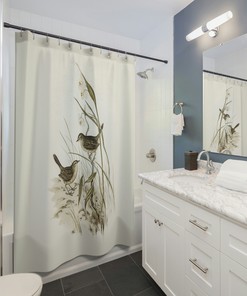 Nature-Inspired Birds Shower Curtain in Neutral Beige and Sage Green - New Home Design