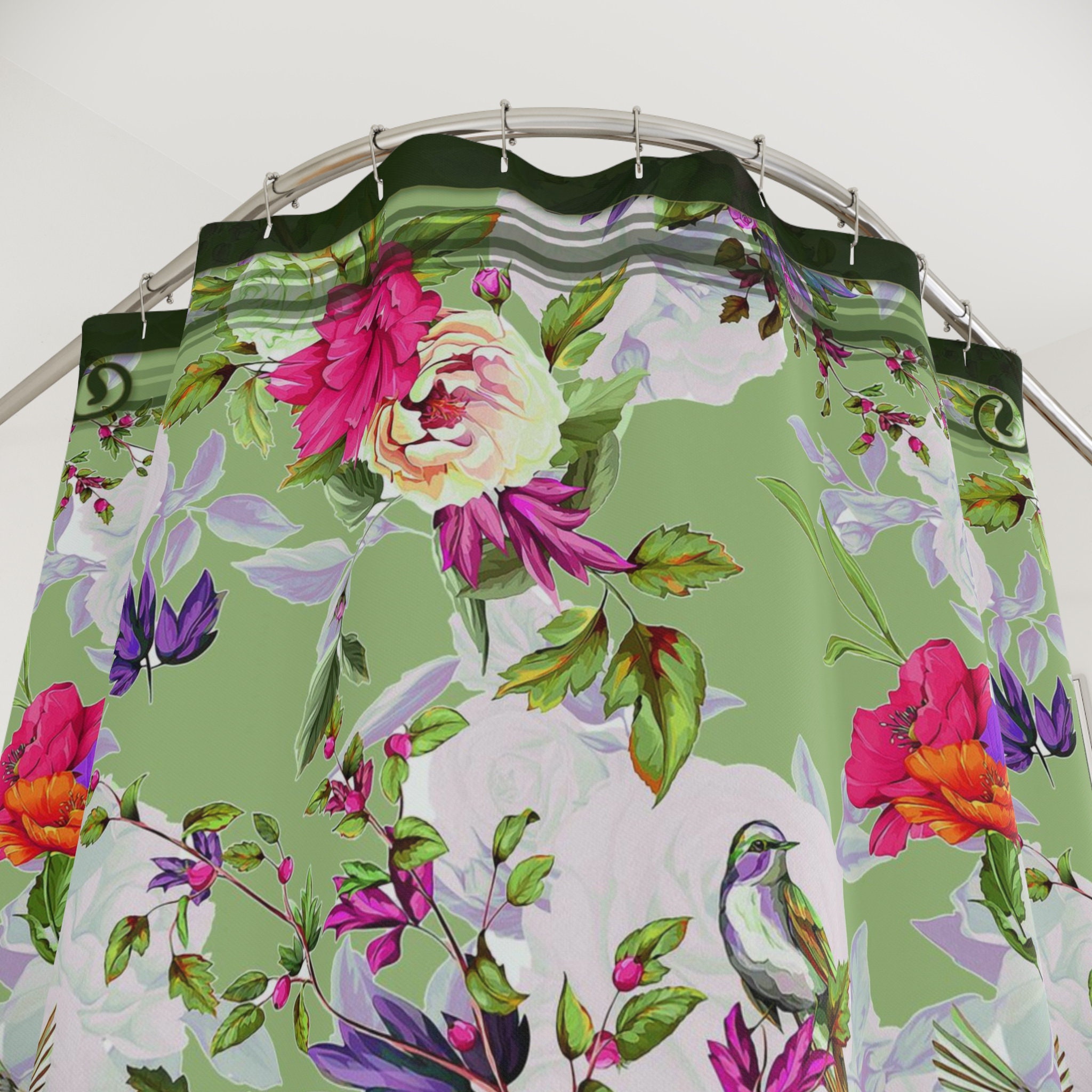 Nature-Inspired Birds and Flowers Shower Curtain - Elegant Bathroom Decor