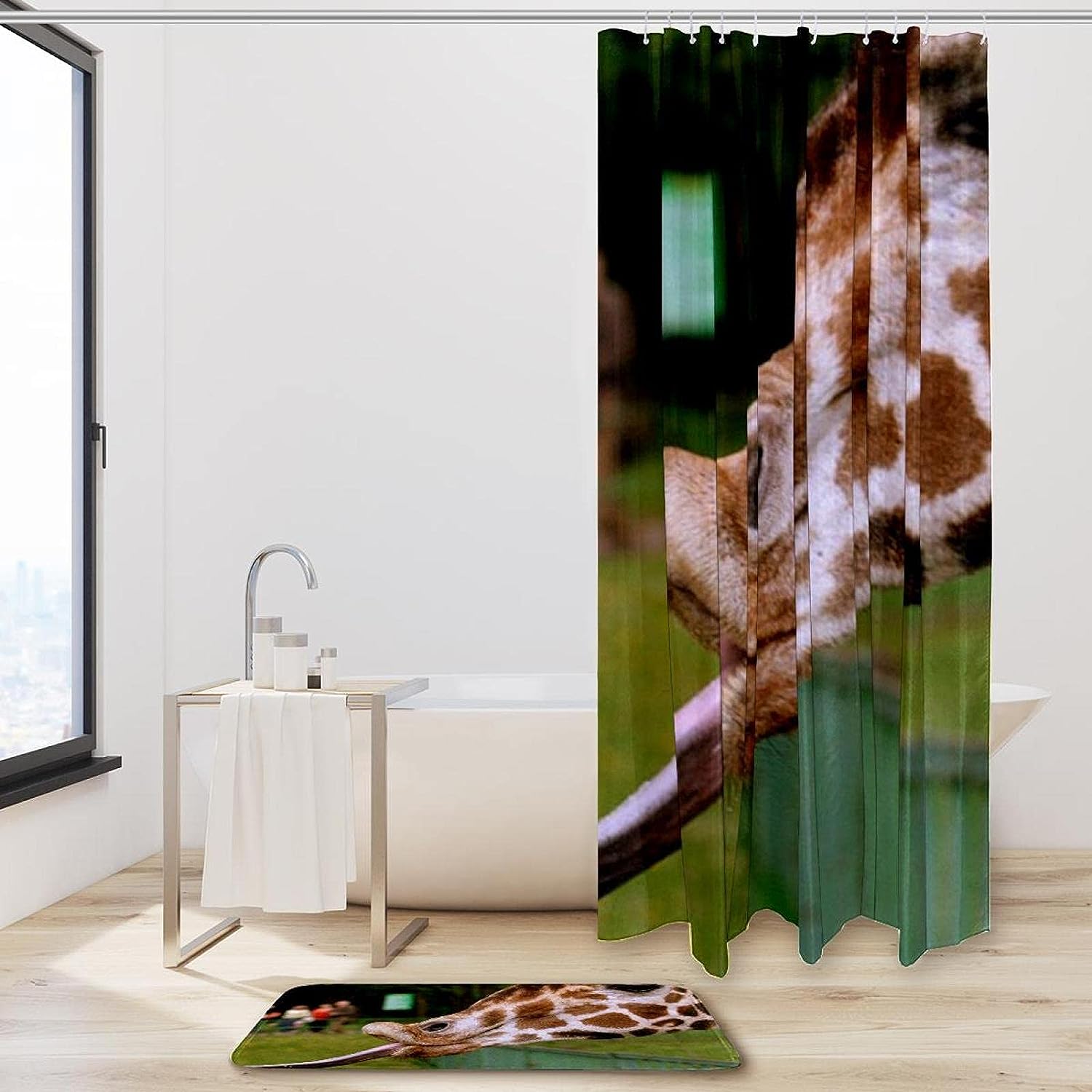 Naughty Giraffe Shower Curtain with Microfiber Accents - Animal Themed Bathroom Decor