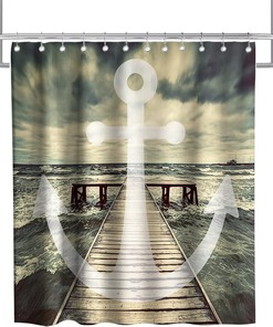 Nautical Anchor Beach Stripe Shower Curtain - Trestle Theme Fabric for Bathroom Decor Waterproof Washable Grey