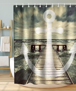 Nautical Anchor Beach Stripe Shower Curtain - Trestle Theme Fabric for Bathroom Decor Waterproof Washable Grey