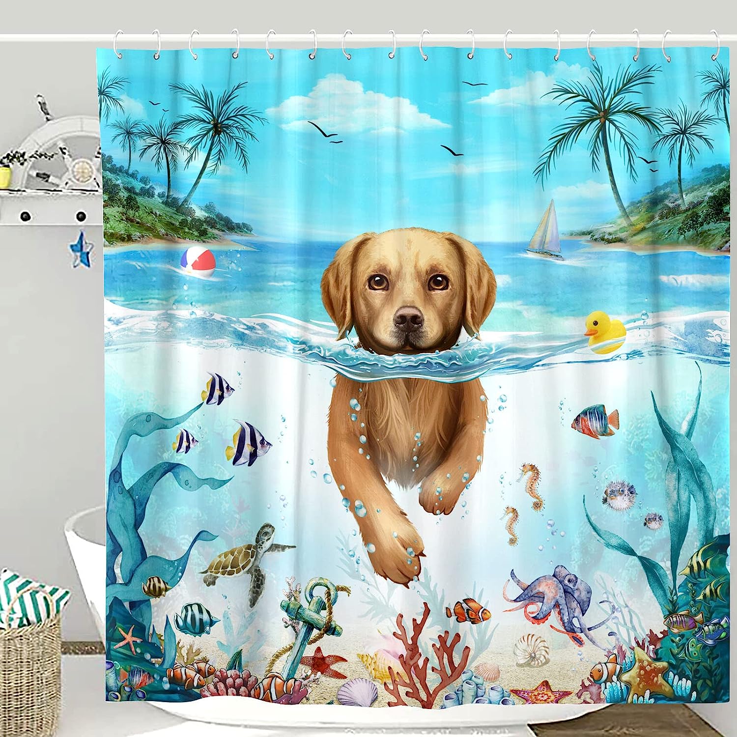 Nautical Anchor Rustic Striped Shower Curtain - Abstract Design with Coastal Beach Theme Fabric Cloth for Bathroom