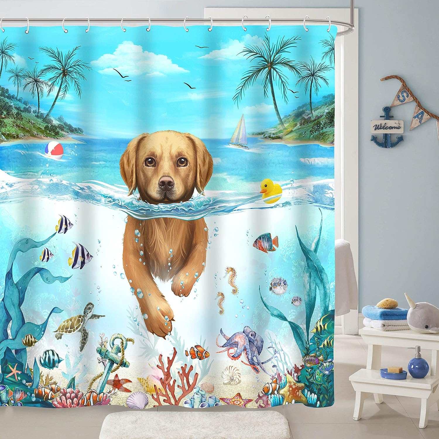 Nautical Anchor Rustic Striped Shower Curtain - Abstract Design with Coastal Beach Theme Fabric Cloth for Bathroom