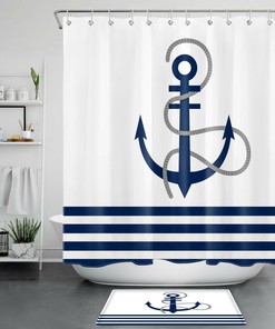 Nautical Anchor and Stripes Shower Curtain, Blue and White Design