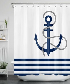 Nautical Anchor and Stripes Shower Curtain, Blue and White Design