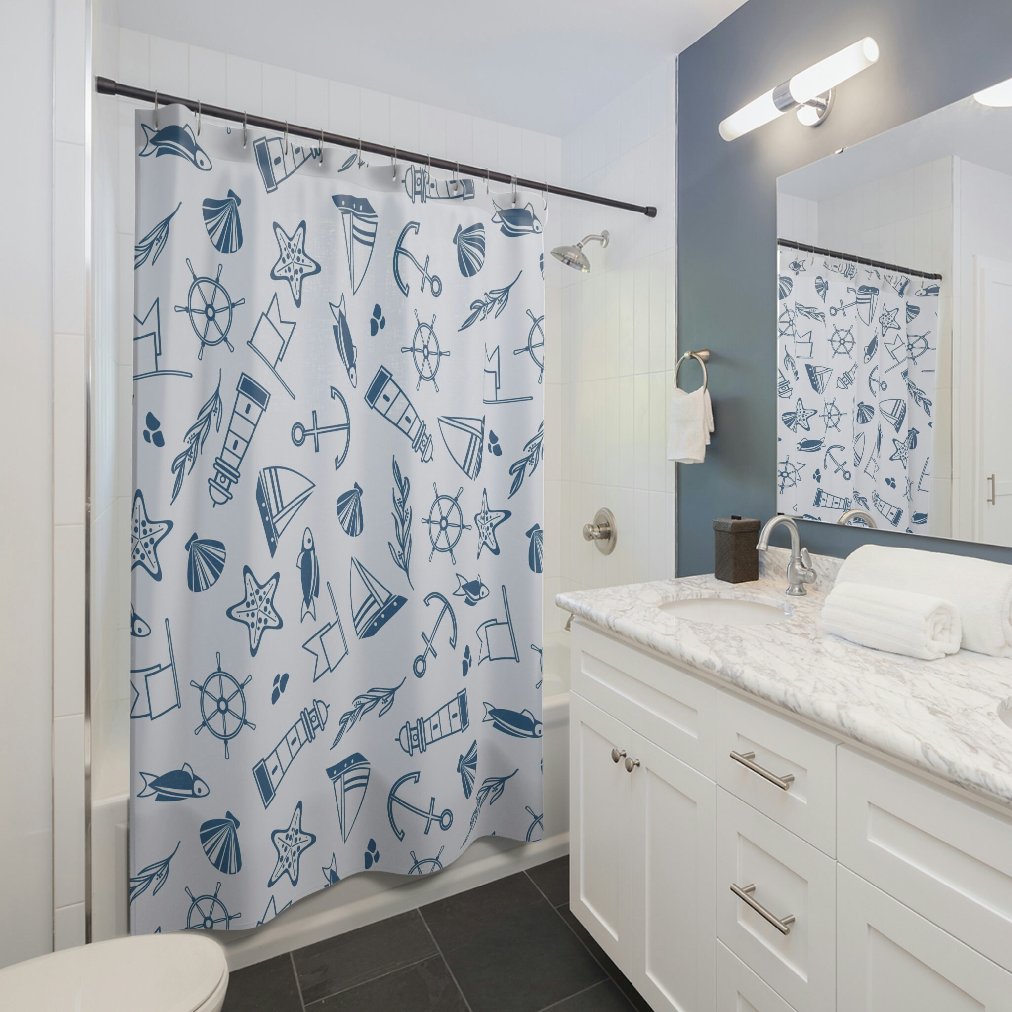 Nautical Blue Sailing Shower Curtain for Oceanic Bathroom Decor