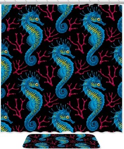Nautical Blue Waterproof Shower Curtain - Sea Life Bathroom Curtain with Seahorse Design