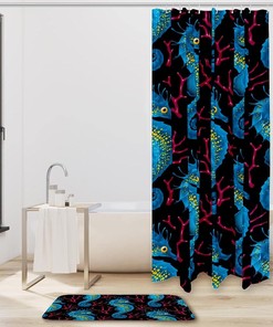Nautical Blue Waterproof Shower Curtain - Sea Life Bathroom Curtain with Seahorse Design