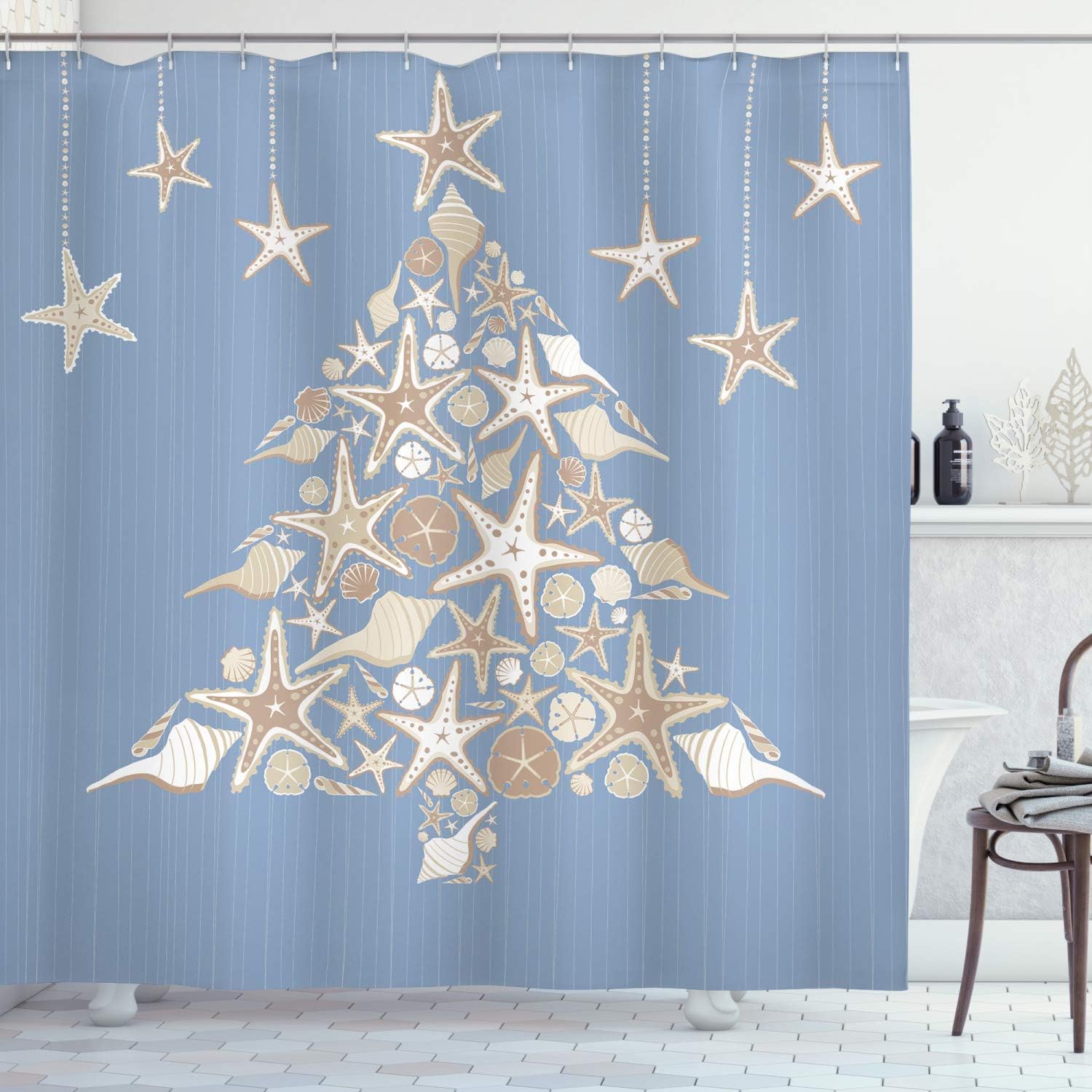 Nautical Christmas Shower Curtain, Elements Sea Life Theme with Noel Tree Winter Season in Beige Cream Bathroom Decor