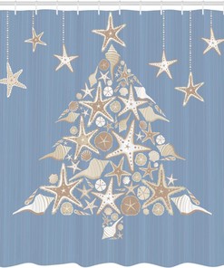 Nautical Christmas Shower Curtain, Elements Sea Life Theme with Noel Tree Winter Season in Beige Cream Bathroom Decor