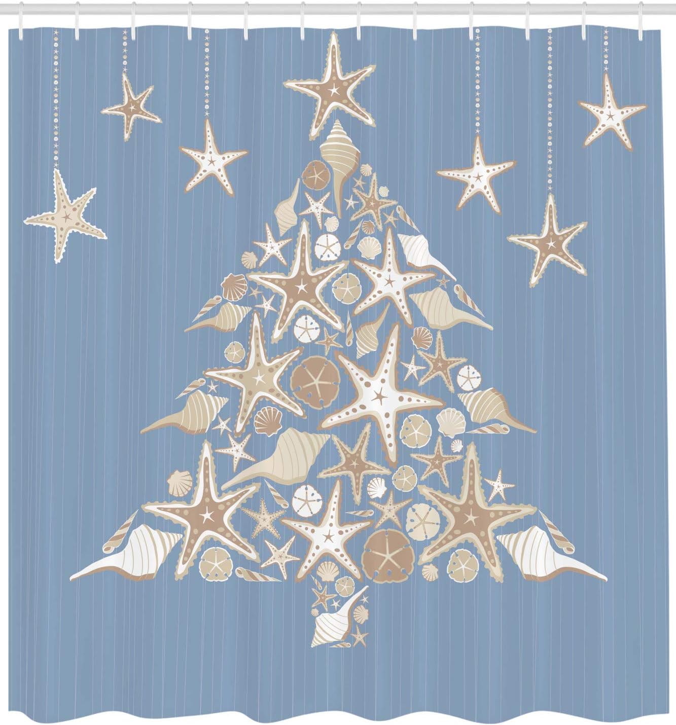 Nautical Christmas Shower Curtain, Elements Sea Life Theme with Noel Tree Winter Season in Beige Cream Bathroom Decor