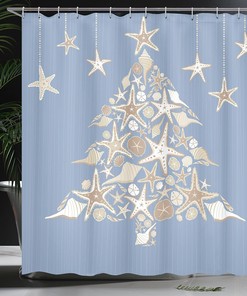 Nautical Christmas Shower Curtain, Elements Sea Life Theme with Noel Tree Winter Season in Beige Cream Bathroom Decor