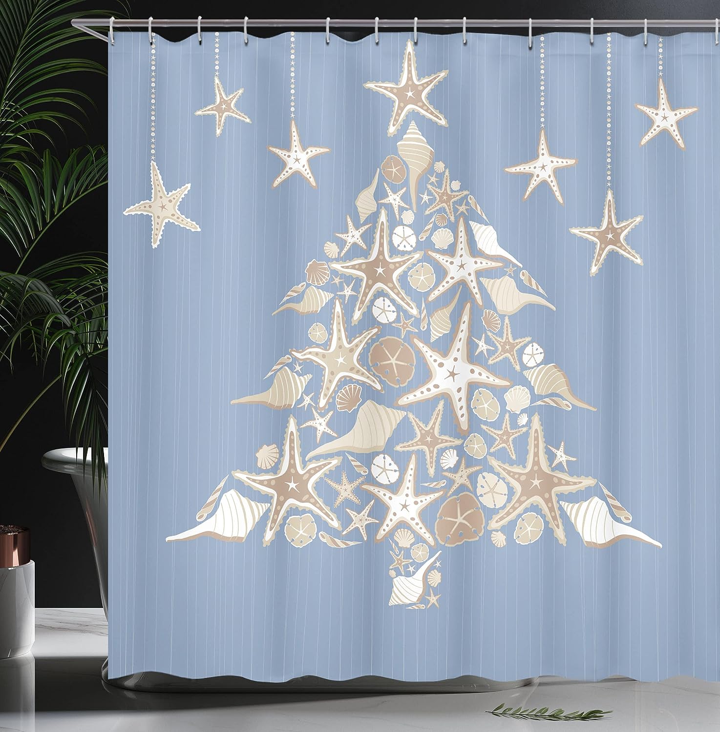 Nautical Christmas Shower Curtain, Elements Sea Life Theme with Noel Tree Winter Season in Beige Cream Bathroom Decor
