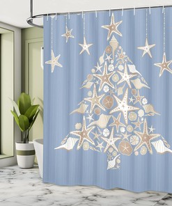 Nautical Christmas Shower Curtain, Elements Sea Life Theme with Noel Tree Winter Season in Beige Cream Bathroom Decor