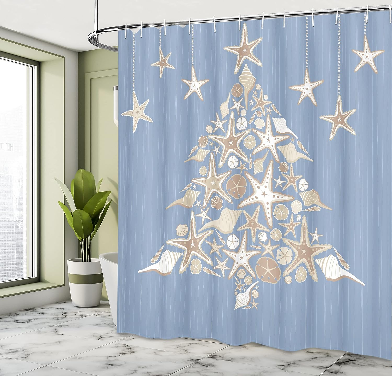 Nautical Christmas Shower Curtain, Elements Sea Life Theme with Noel Tree Winter Season in Beige Cream Bathroom Decor