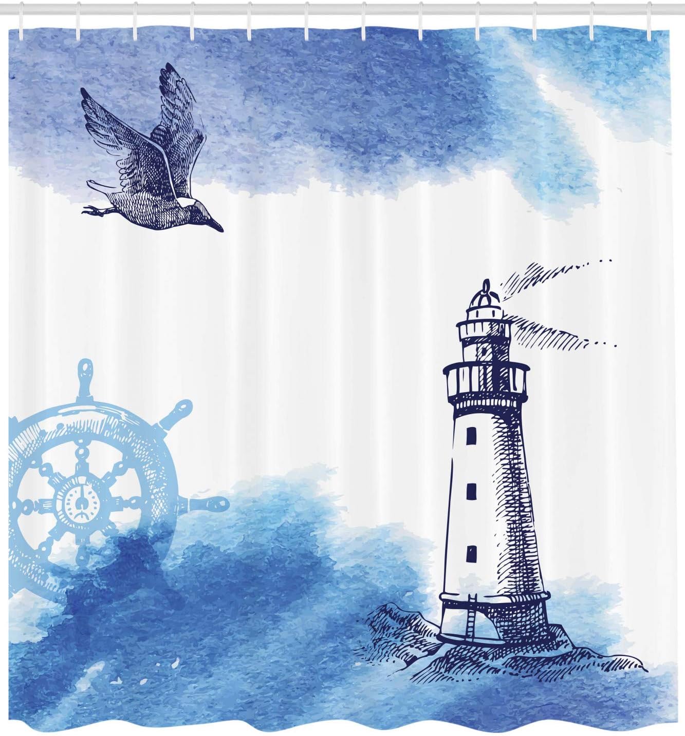 Nautical Lighthouse Shower Curtain, Watercolors Gull Anchor Tower Cloth Fabric Bathroom Decor, Home Decor Blue/White